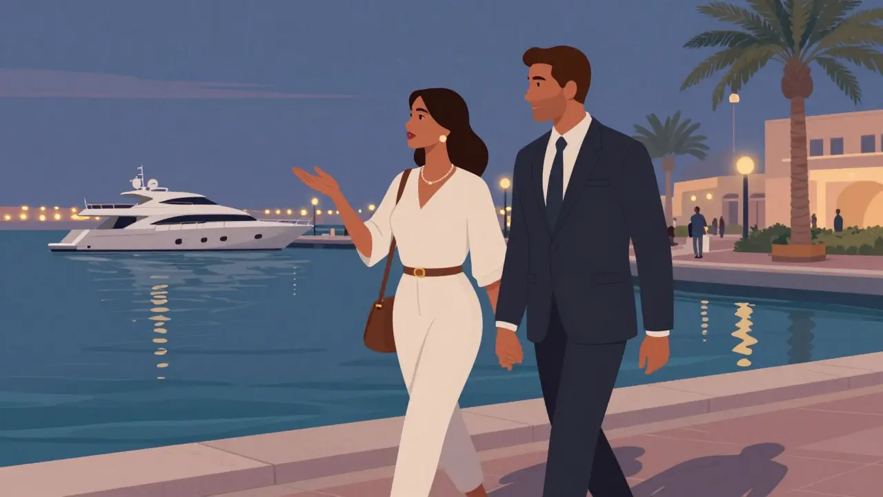 A professional companion walks beside a client along Dubai Marina at sunset, calm and respectful atmosphere.