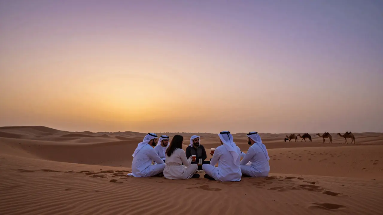A quiet group enjoying tea at sunset on a desert dune near Dubai.