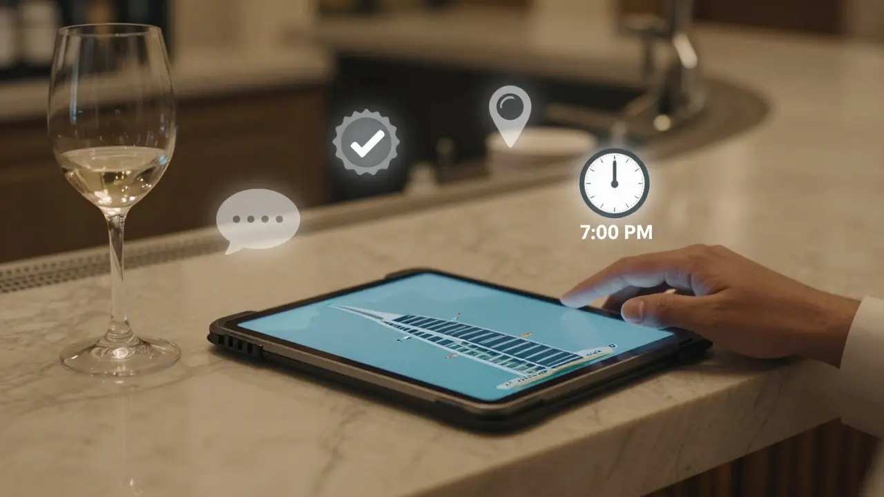 A secure booking platform on a hotel counter with wine, symbolizing professional companionship in Dubai.