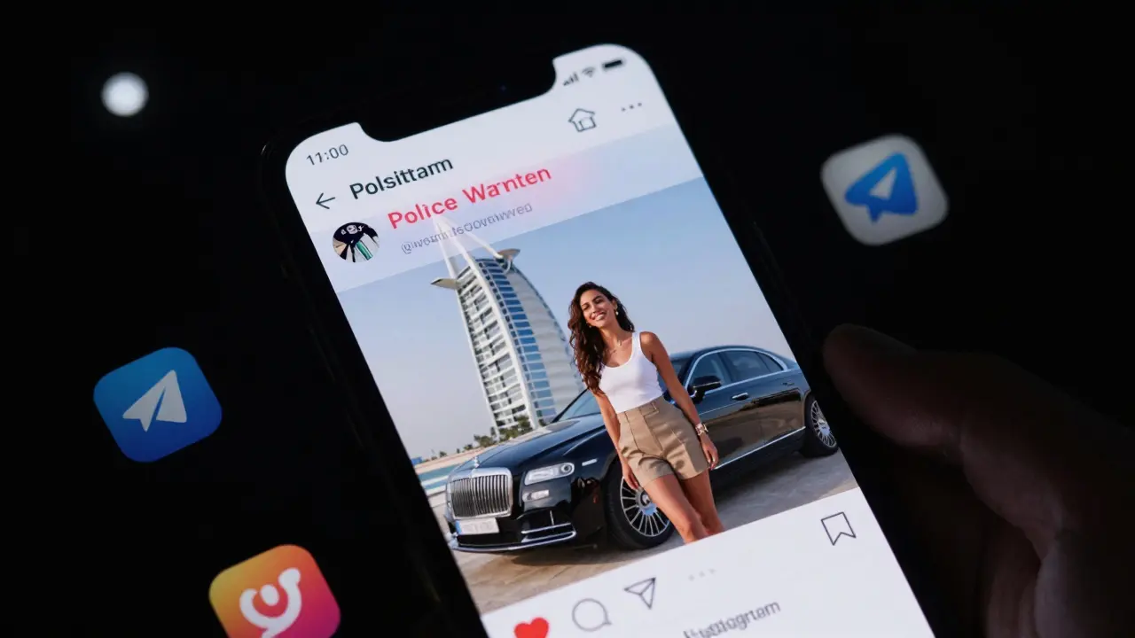 A smartphone showing a glamorous social media post, partially obscured by a warning overlay in a dark room.