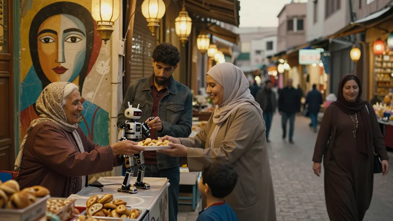 A warm street scene in a Middle Eastern market showing everyday moments of joy and resilience.