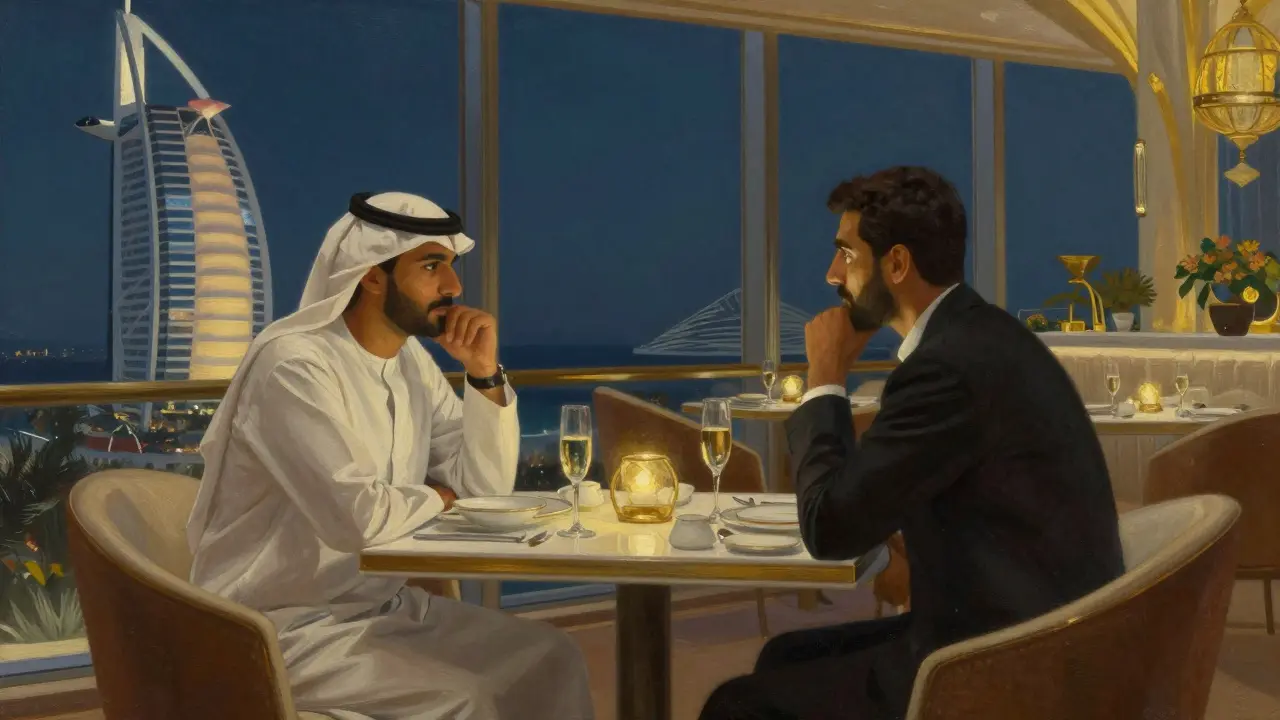 A woman and man having a quiet dinner at Burj Al Arab, elegant setting with Gulf views.
