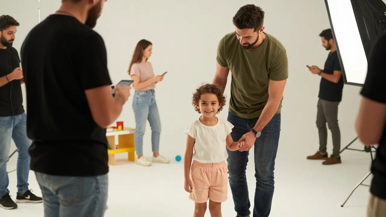 A young child model smiling on a studio set with guardian nearby.