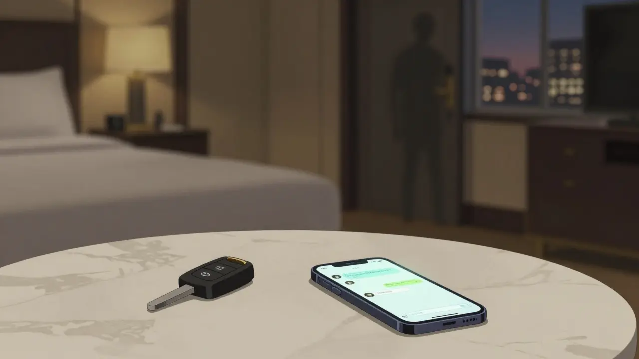 An empty luxury hotel room with a glowing phone and car key, suggesting a risky meeting about to unfold.