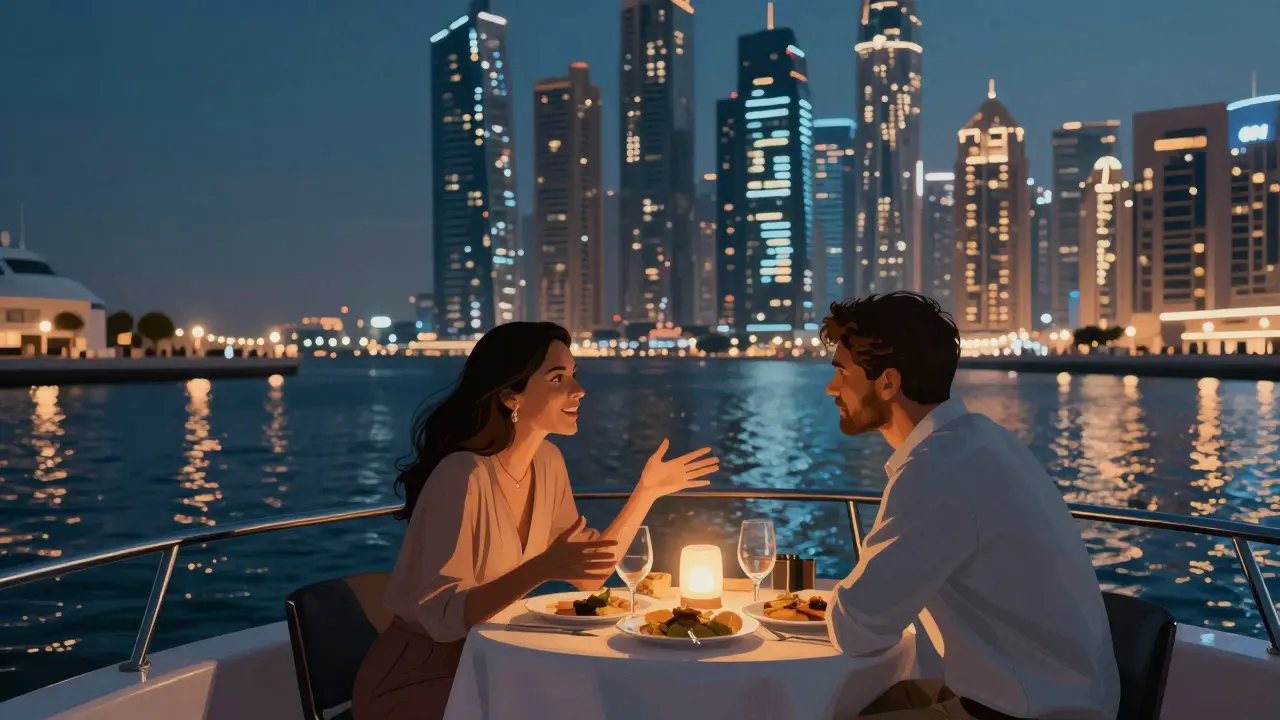 Couple dining on a private yacht along Dubai Marina at night, city lights reflecting on water, focused on conversation.