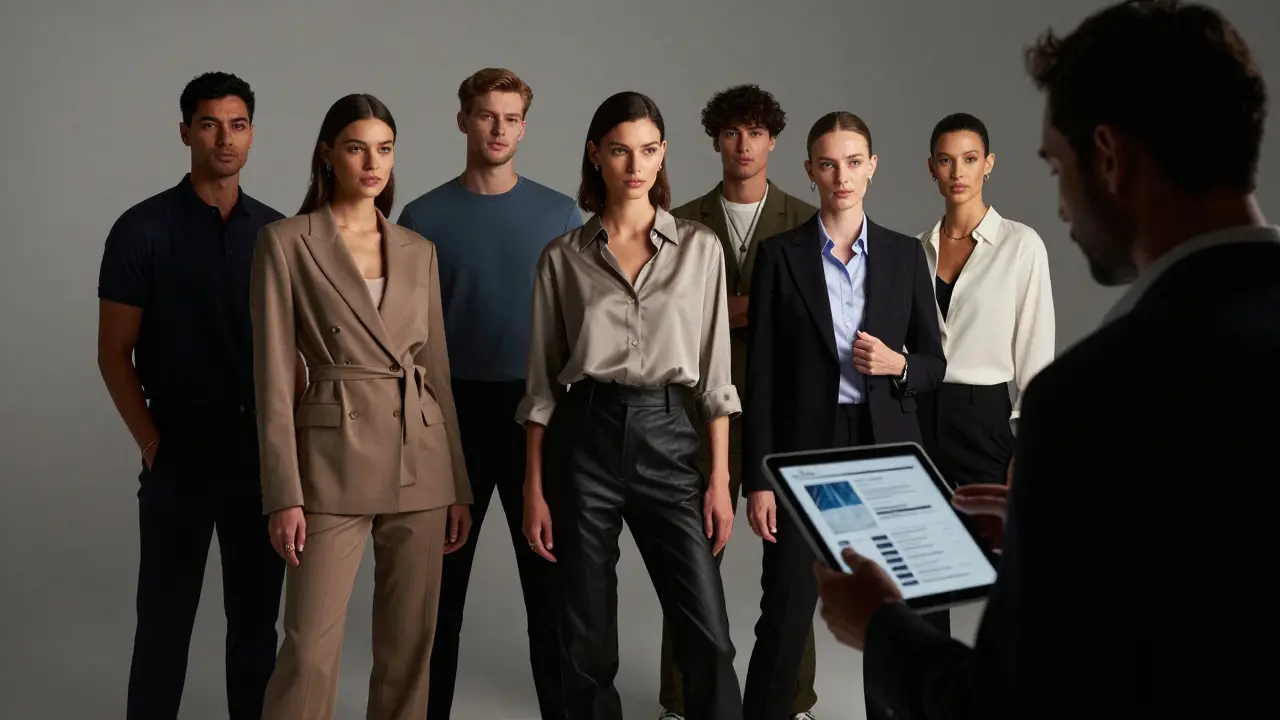 Diverse group of models in a studio setting with an agency rep reviewing portfolios.