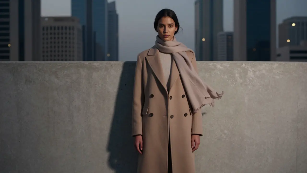 Editorial portrait of a diverse model in Dubai with dramatic shadows and tailored high-fashion clothing.