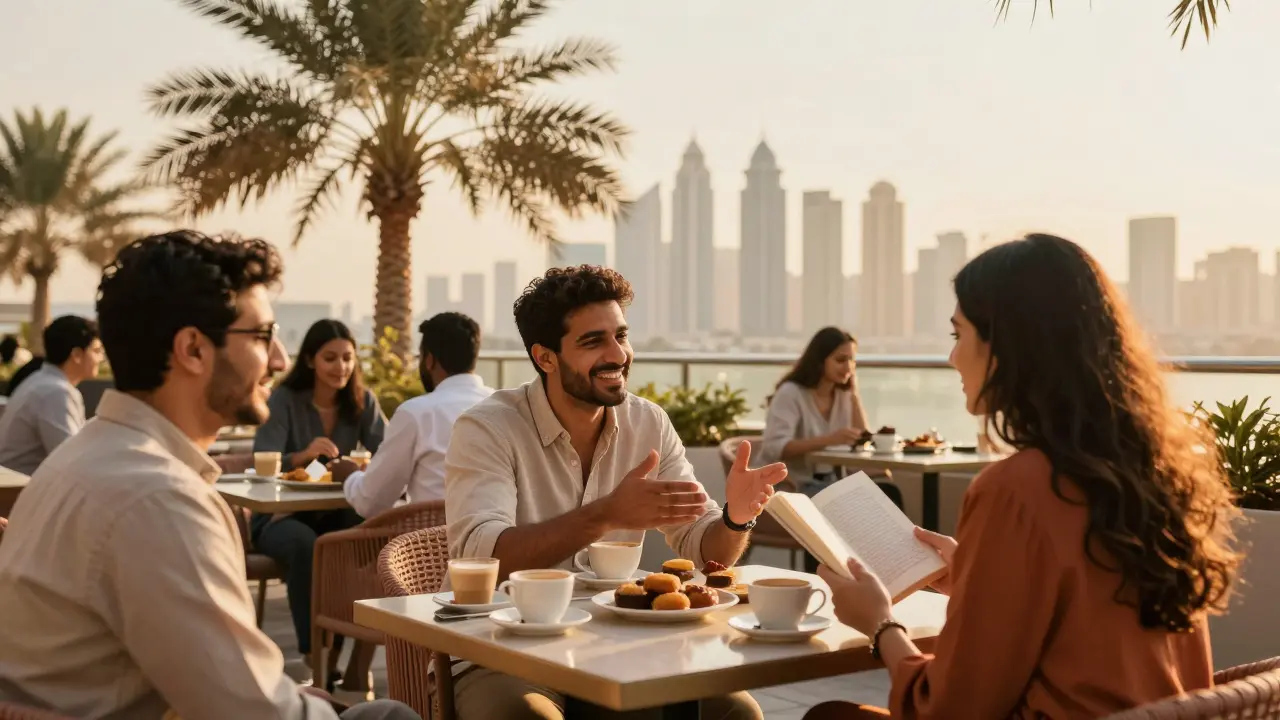 Expats enjoying coffee on a sunny Dubai rooftop café, laughing and sharing a book with the city skyline behind them.