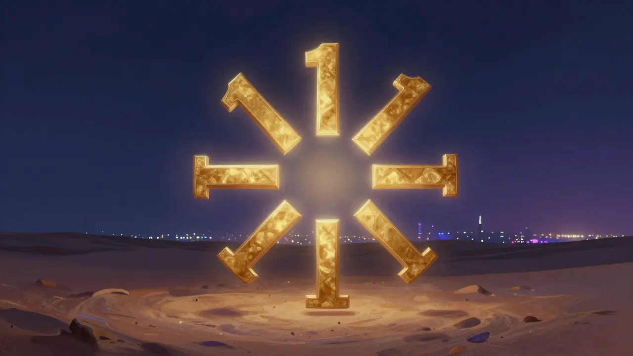Four golden '1's floating as a mandala above Dubai’s desert night, radiating ethereal light in a mystical composition.
