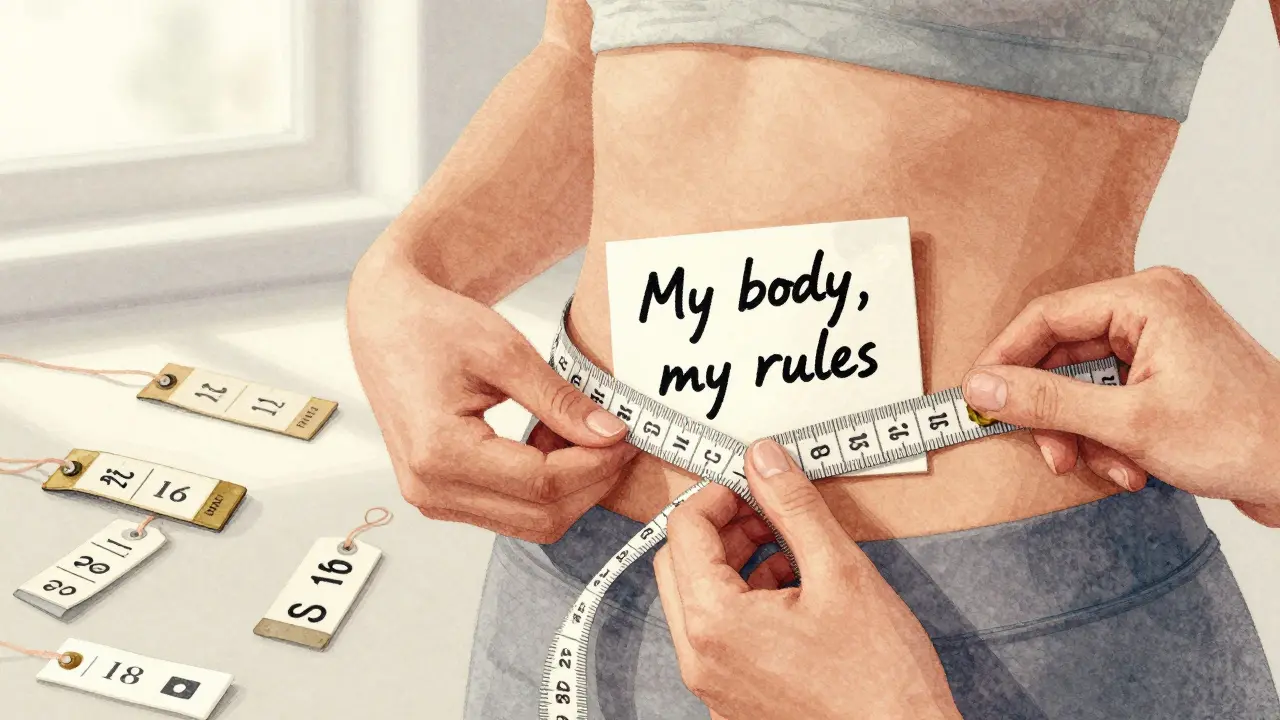 Hands measuring a waist with a tape, beside clothing tags showing inconsistent sizing.