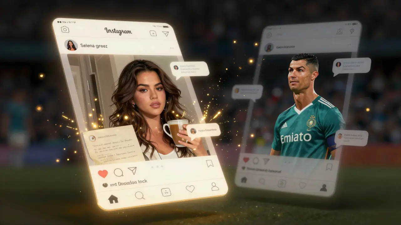 Instagram feed glowing with authentic posts, engagement sparks rising, Ronaldo's images fading nearby.