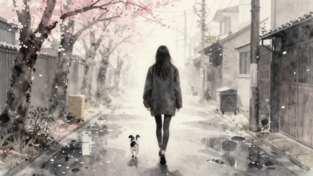 Maya Tanaka walking alone in misty Tokyo alley with dog, wearing oversized blazer, cherry blossoms falling.