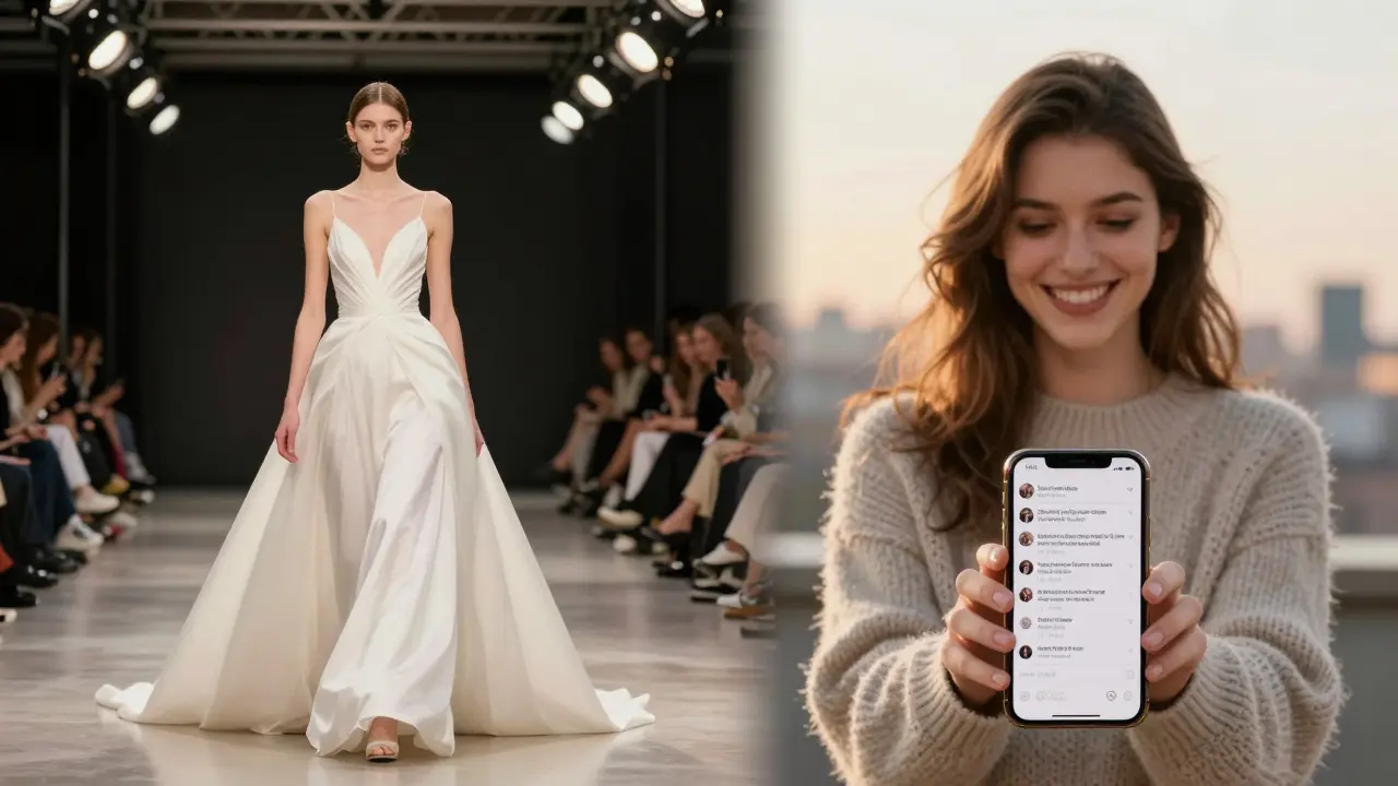 Mirror reflection showing runway model vs. confident real-life model with social media alerts