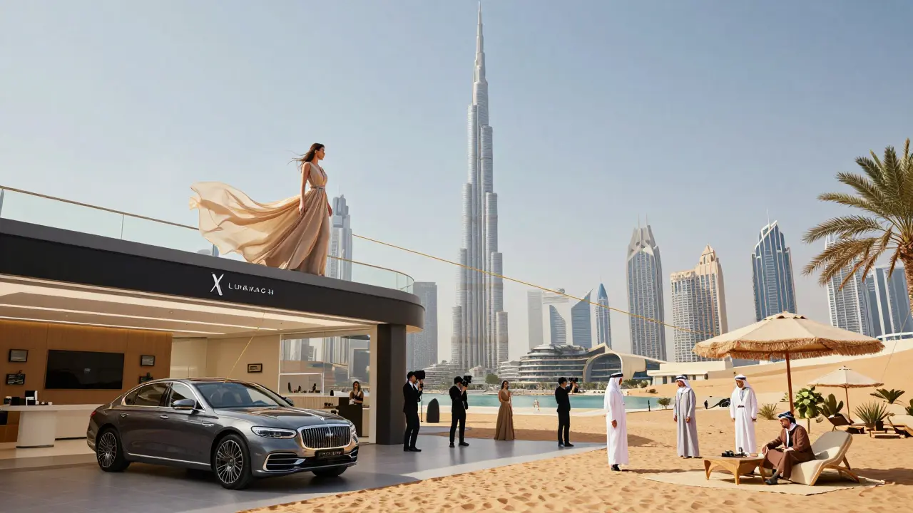 Model on a Dubai rooftop overlooking Burj Khalifa with brand shoots unfolding below.
