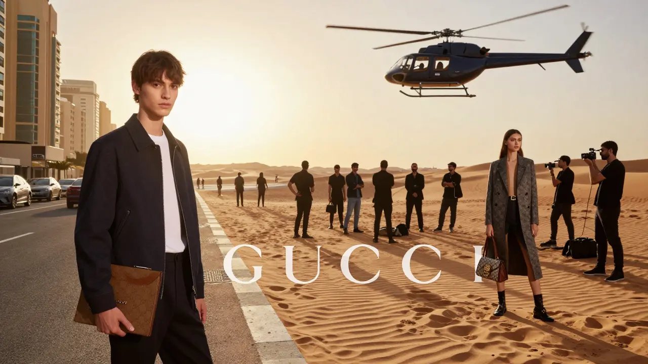 Split image: aspiring model with portfolio vs. same person in a high-production Gucci shoot in the desert.