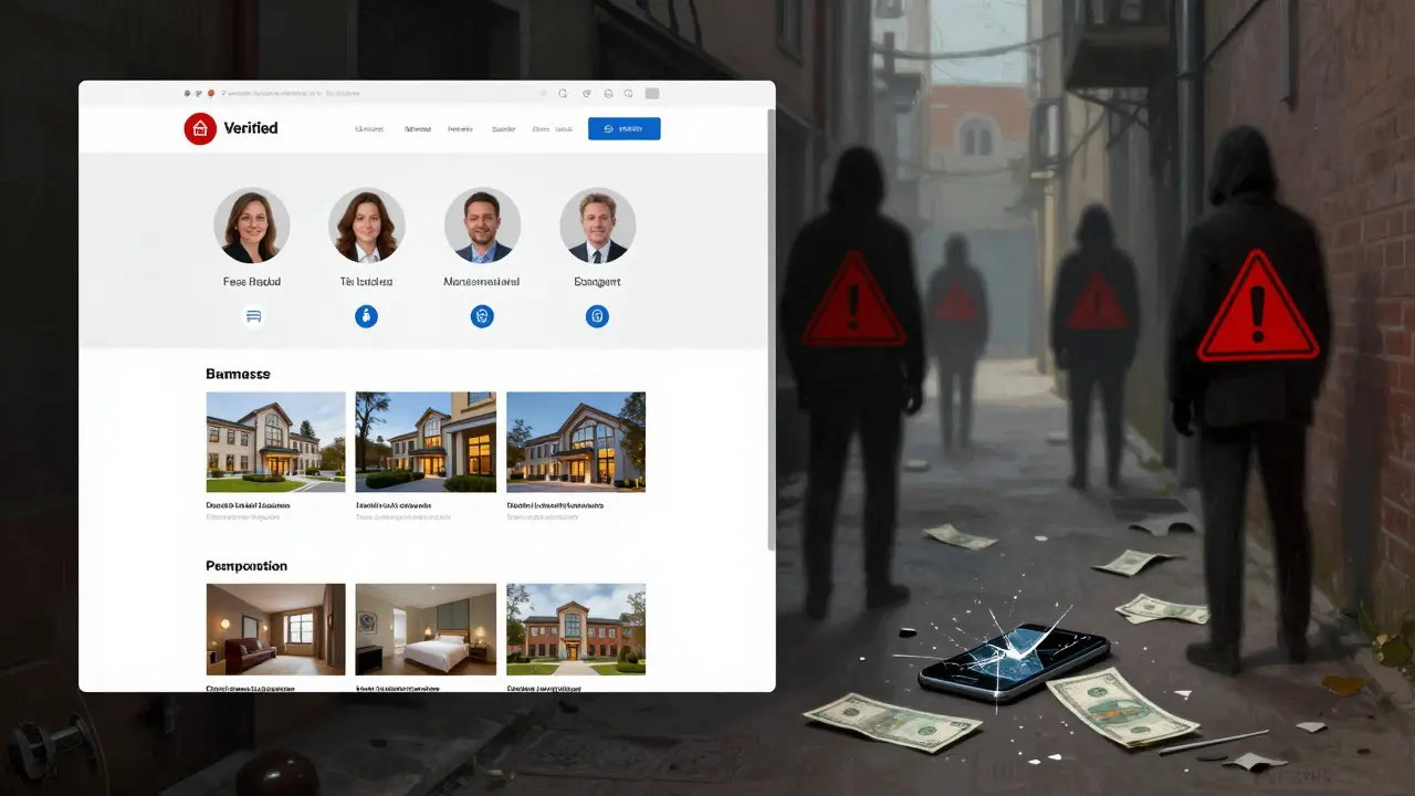 Split image: clean agency website on left, shadowy scams on right, symbolizing safe vs dangerous companionship in Dubai.