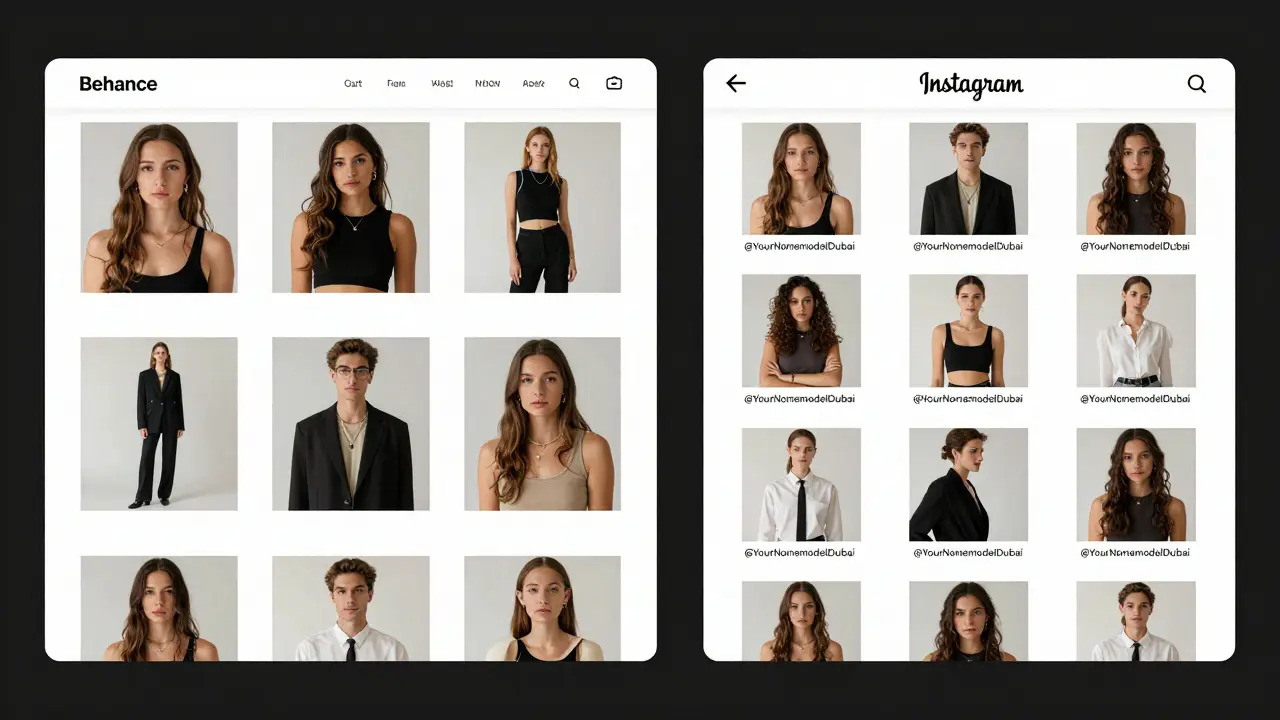 Split-screen digital portfolio showing curated modeling photos on Behance and Instagram feeds.