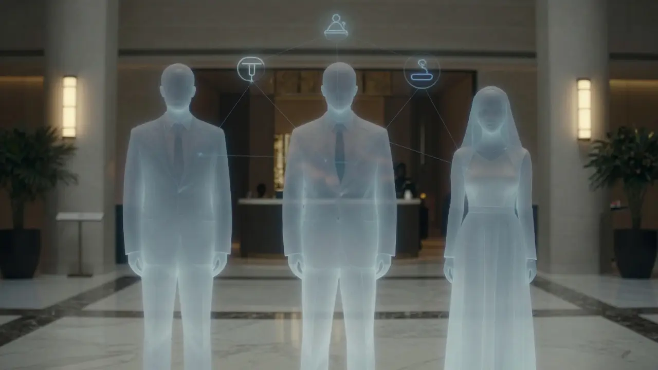 Three abstract figures symbolizing types of escort services in Dubai, representing trust, boundaries, and discretion.