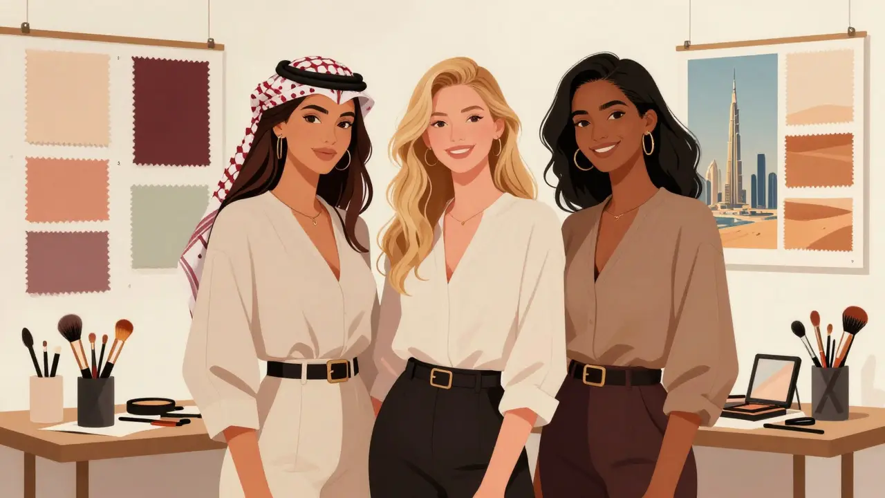Three diverse models in a Dubai fashion studio, representing mixed heritage beauty preferred by regional agencies.