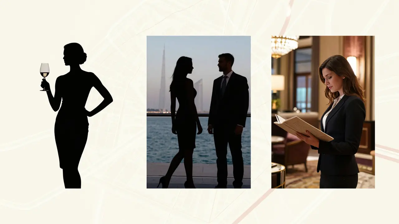 Three professional female silhouettes representing different escort roles in Dubai's urban landscape.
