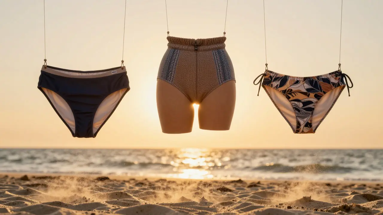 Three styles of cheeky swimwear floating above beach at sunset, symbolizing versatility.