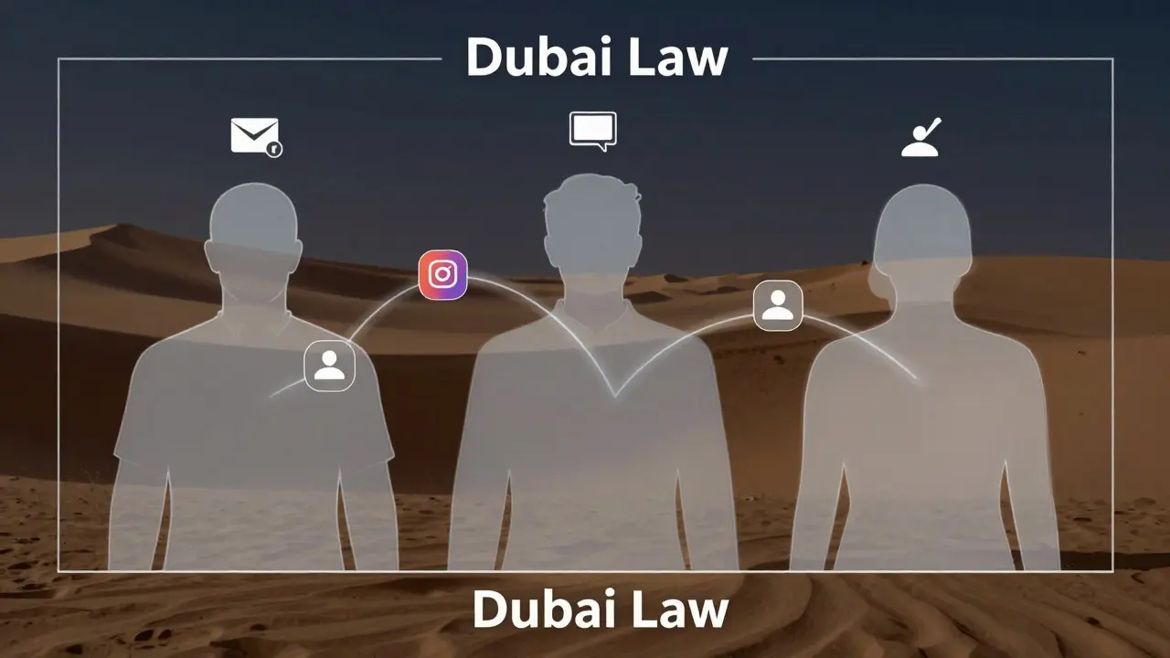 Three transparent figures connected to verified platforms, symbolizing safe companionship options in Dubai.