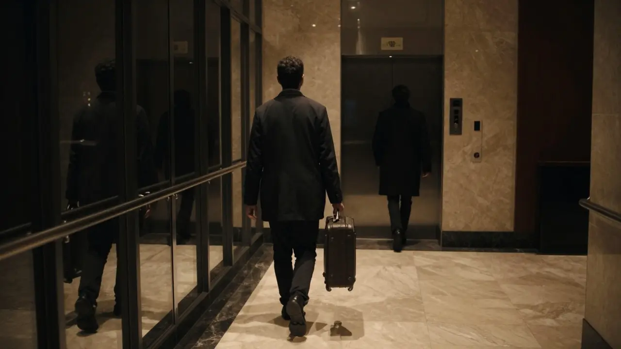 Traveler in hotel lobby at night, shadowy figure exiting elevator nearby, atmosphere of quiet anonymity.