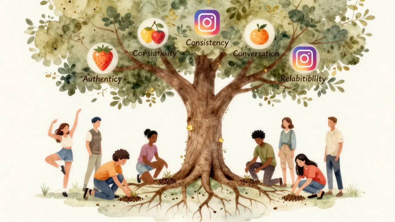 Tree with social media roots bearing fruit of authenticity, diverse people planting seeds beneath.