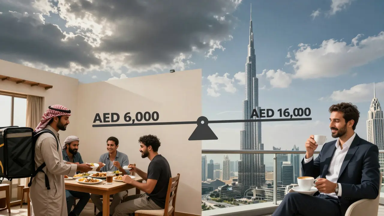 Two contrasting Dubai lifestyles side by side: a shared apartment and a balcony view, connected by a symbolic scale.