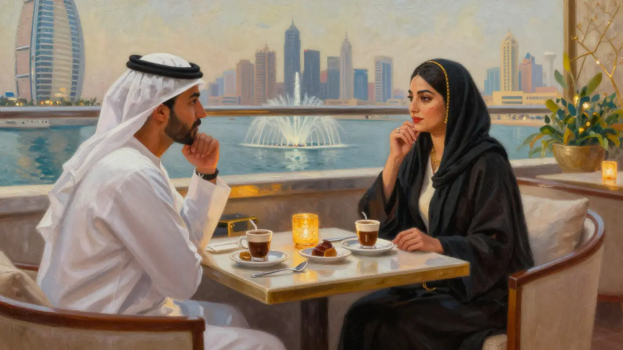 Two people share coffee and conversation at a rooftop lounge in Palm Jumeirah, skyline glowing behind them.