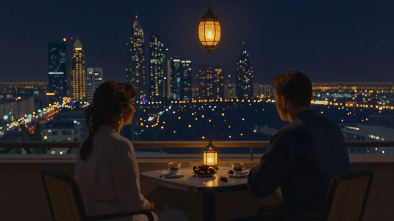 Two people sit silently on a rooftop café at night, Dubai's glittering skyline glowing softly behind them.