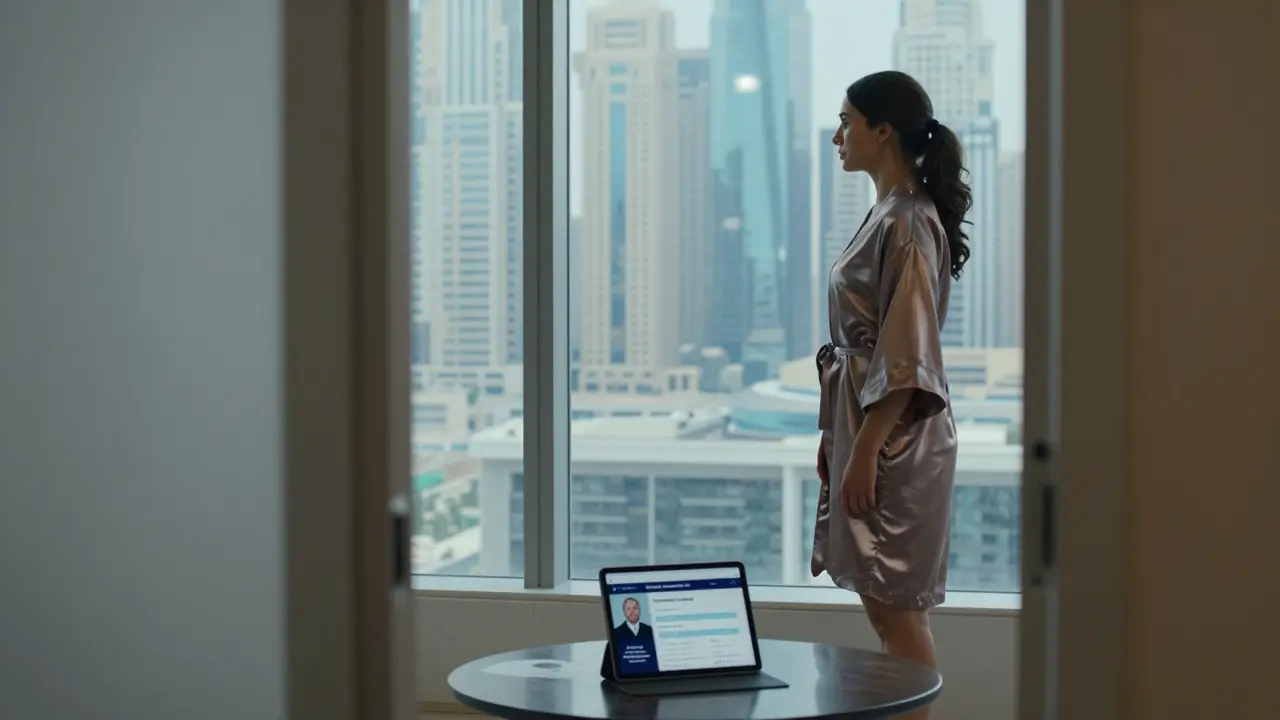 Woman in silk robe by window in Dubai Marina apartment, calm and professional, city lights behind her.