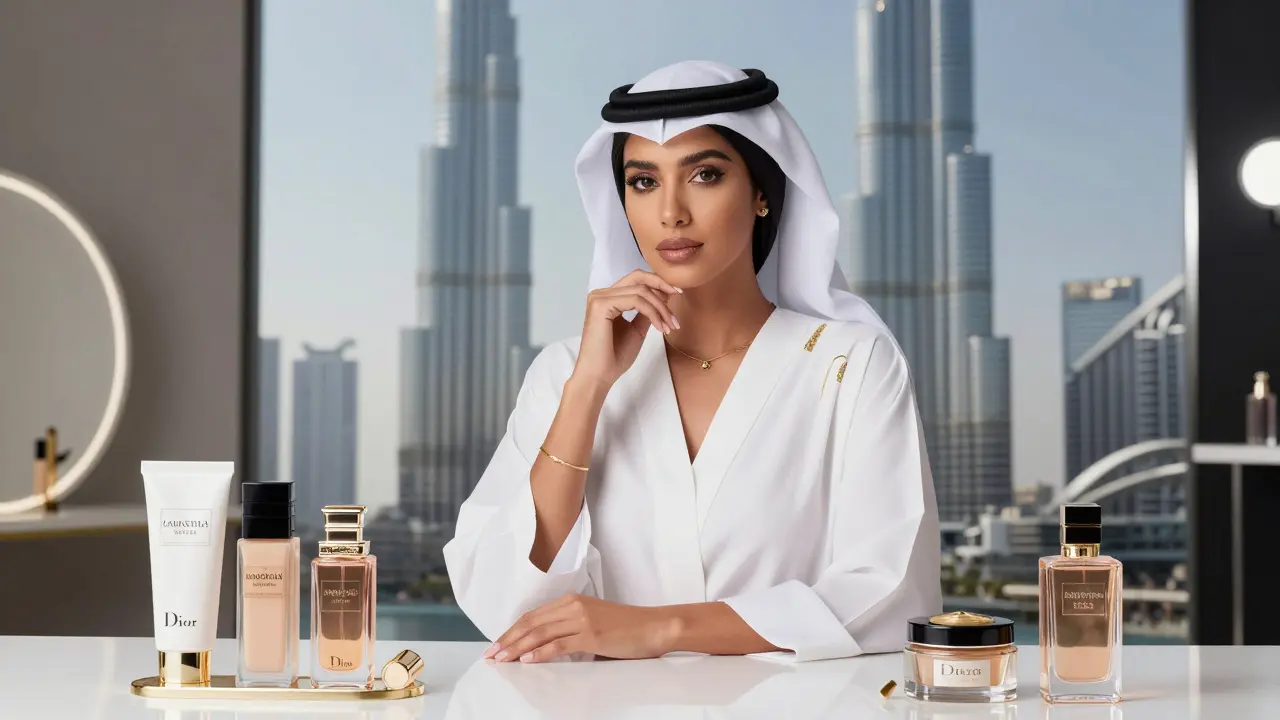 A Black model in a beauty shoot with luxury skincare products, soft lighting reflecting the Burj Khalifa in a mirror.
