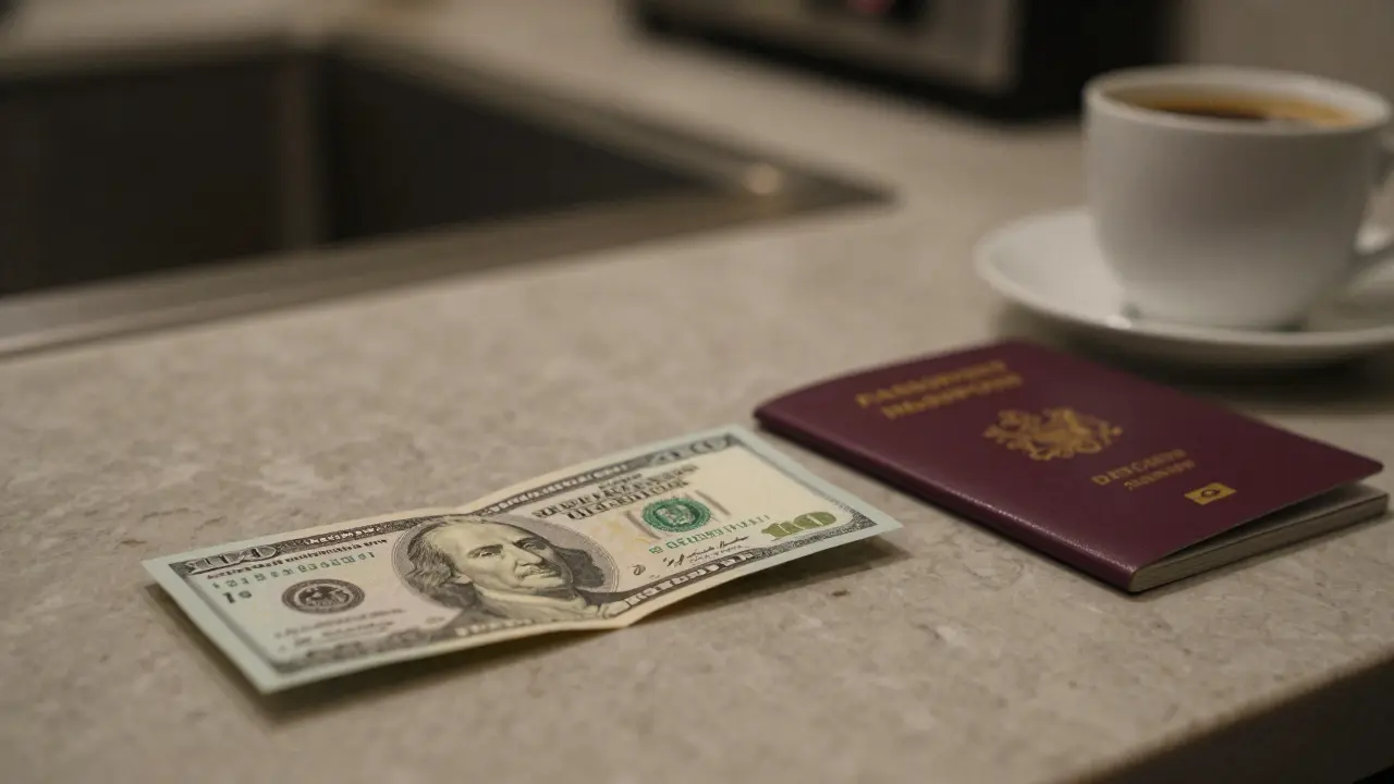 A cash bill and passport on a marble surface beside a coffee cup, symbolizing discretion in Dubai's companion services.