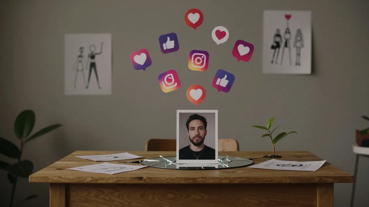 A crown made of Instagram icons above a cracked mirror and an unedited selfie, symbolizing authenticity over perfection.