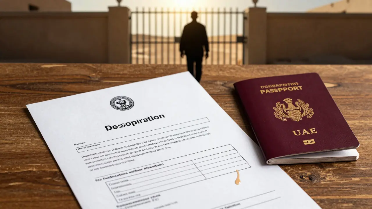A deportation order and canceled passport on a desk, with a man walking away from a prison gate at sunset.