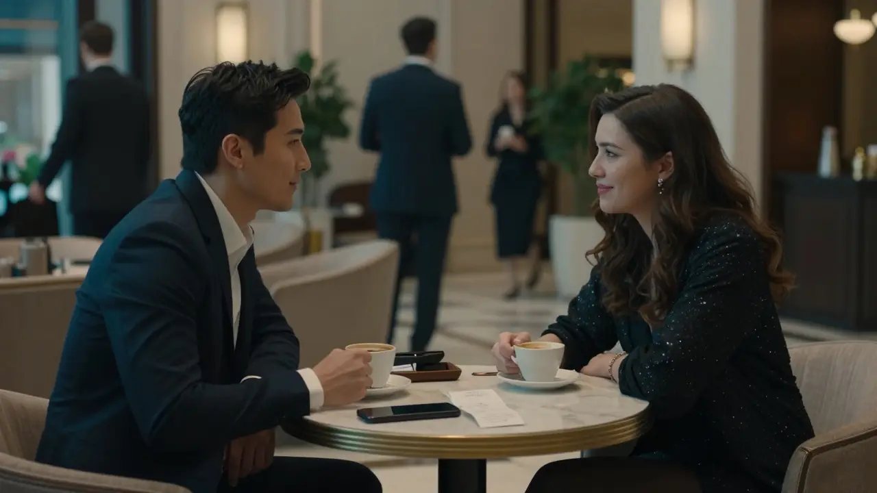 A discreet first meeting takes place in a high-end hotel lobby over coffee, with no physical contact.