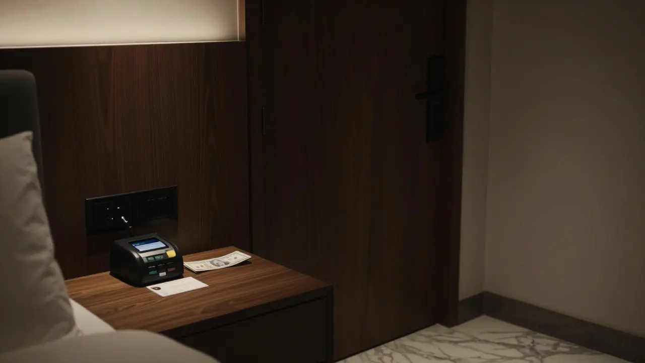 A luxury hotel room in Dubai with cash payment and keycard, door closing in privacy.