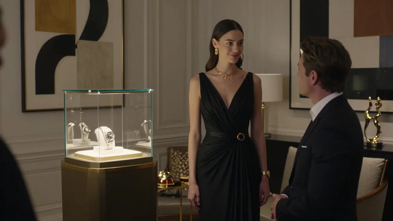 A model interacting subtly with a guest beside a luxury watch display at a private event