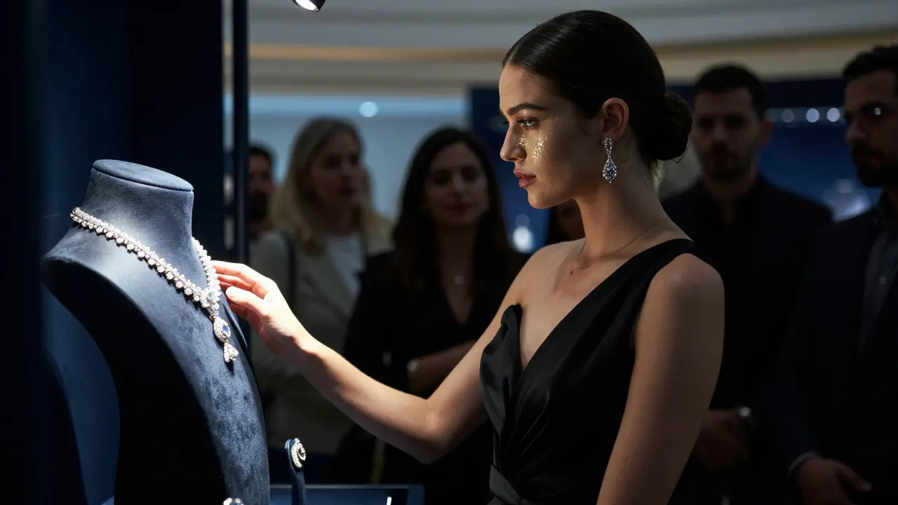 A model touching a diamond necklace in a luxury jewelry exhibit at Dubai Mall, surrounded by blurred admirers.