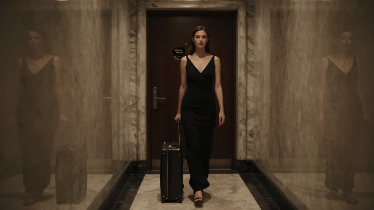 A model walking alone down a dim hotel corridor with a discreet agency logo visible