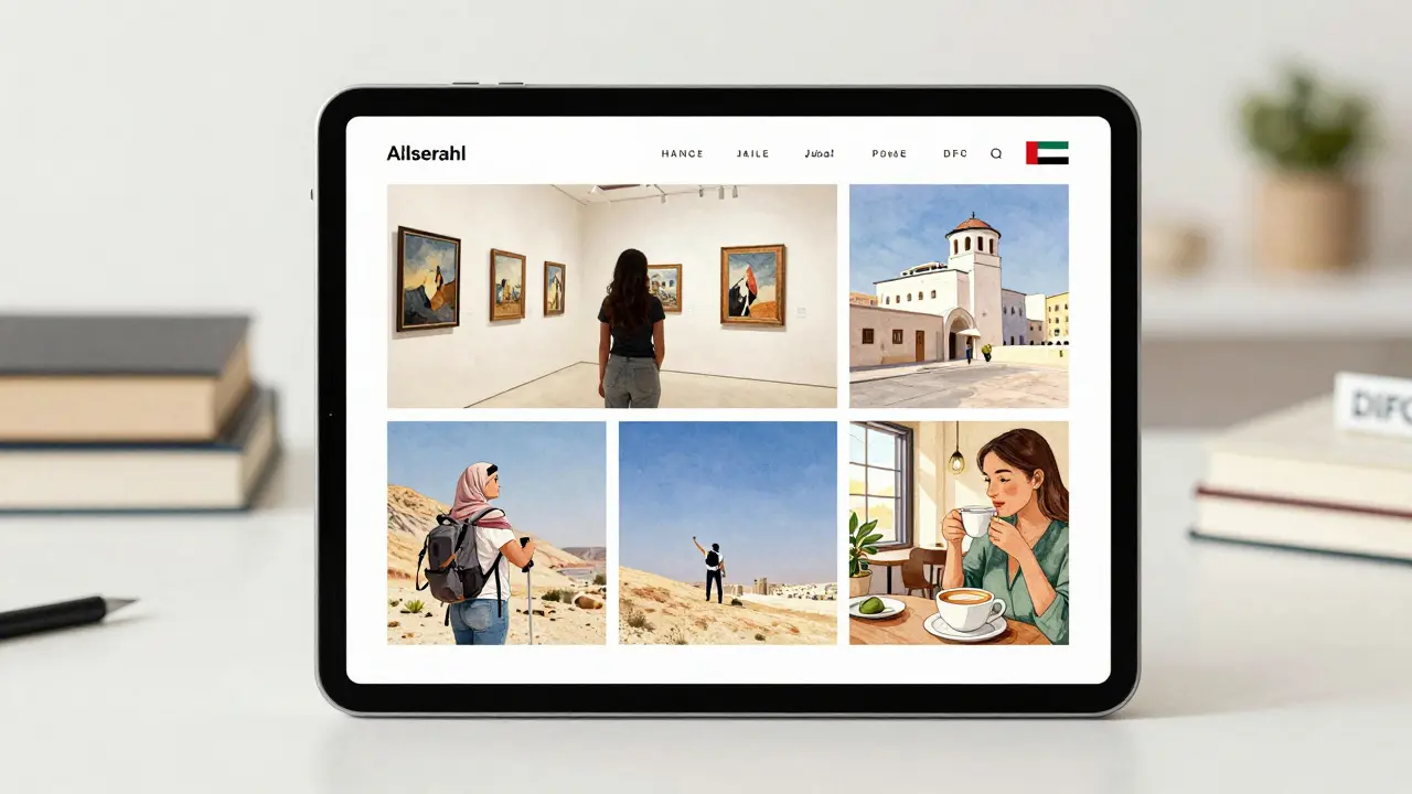 A professional companion's curated digital profile shows cultural interests like art, hiking, and coffee shops.