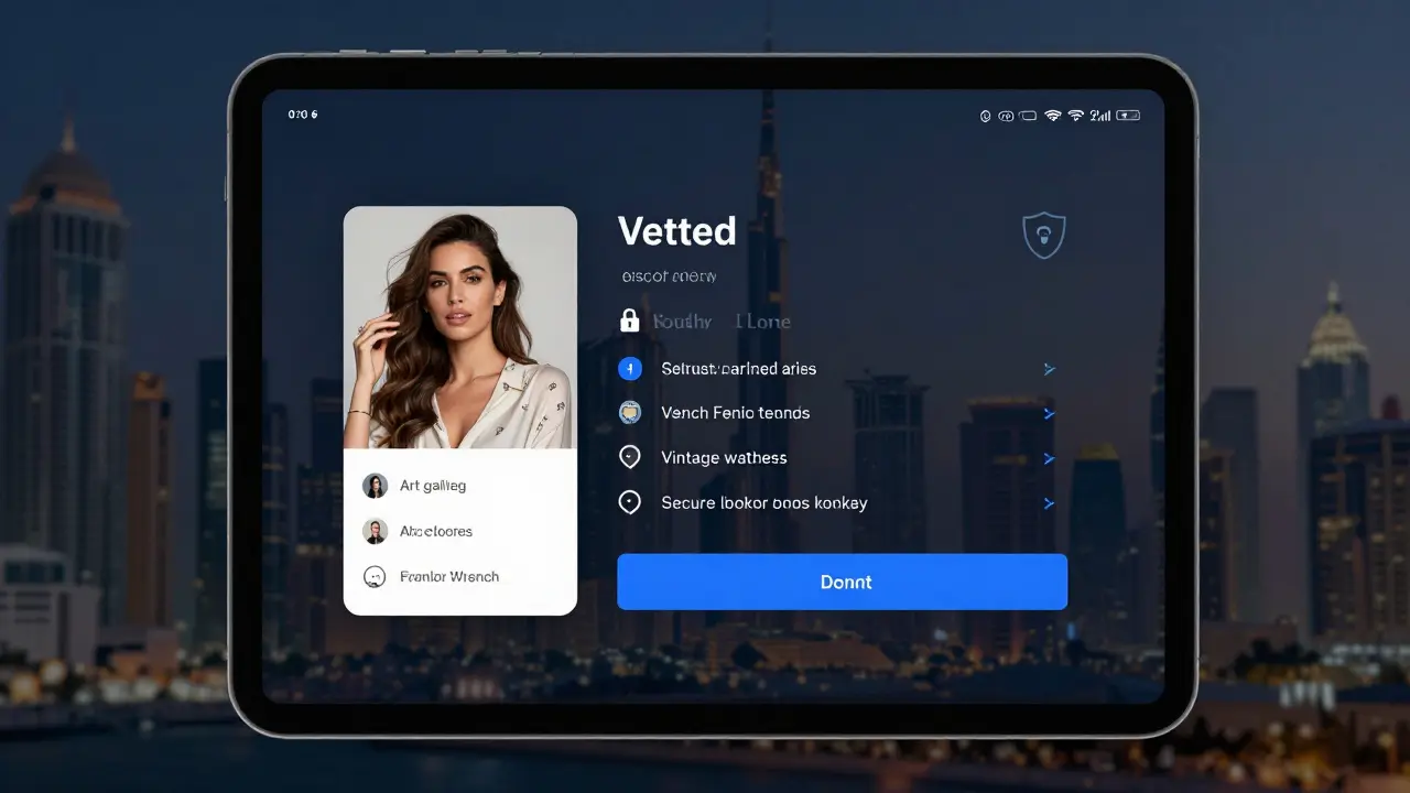 A secure escort agency profile displayed on a tablet with visual indicators of privacy and matching features.