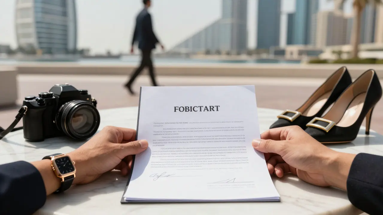 A signed contract with luxury items beside it, symbolizing professional photoshoot agreements in Dubai.