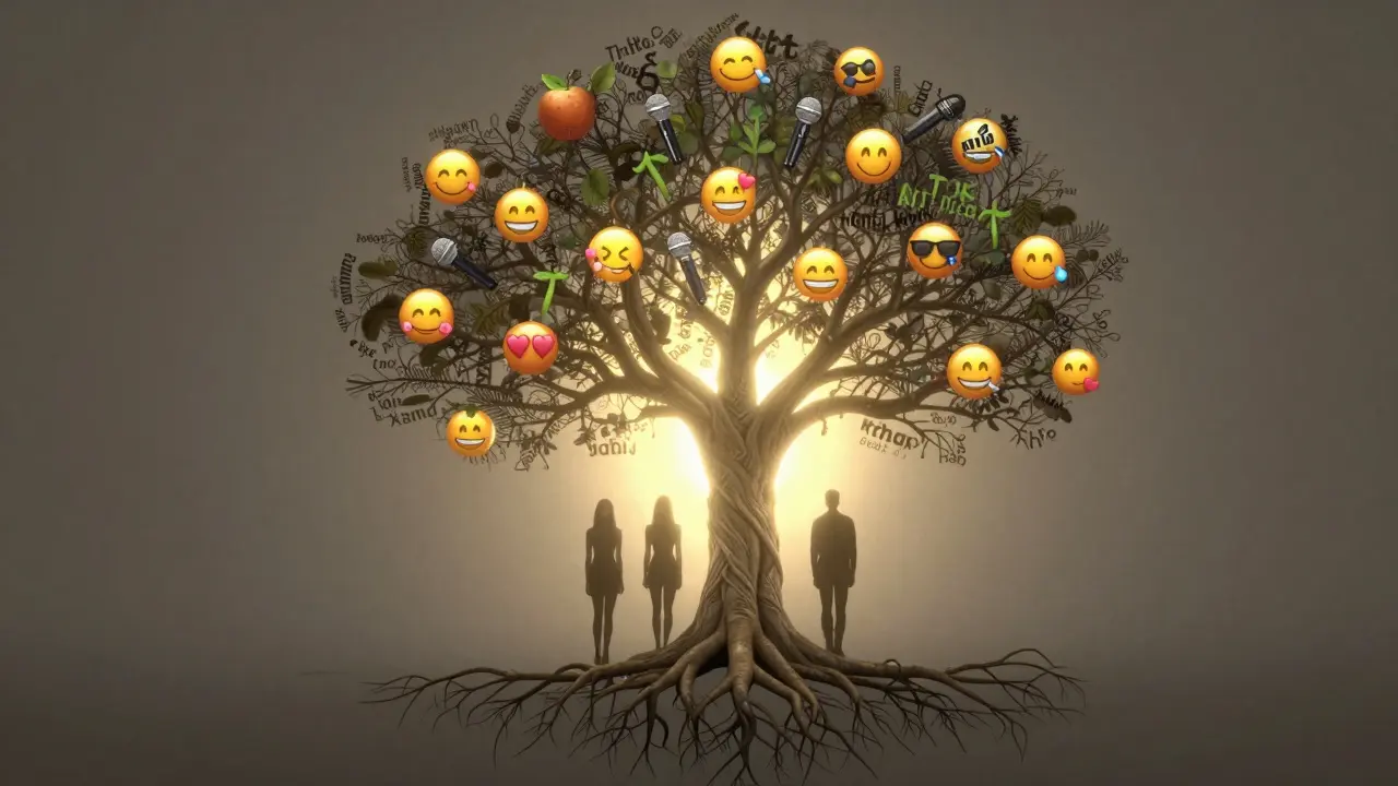 A symbolic tree with TikTok hashtags as roots and emoji fruits under top creators.