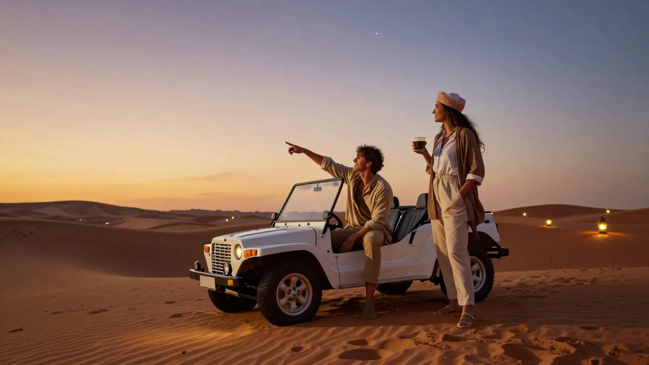 A traveler and companion watching the sunset from a desert dune during a private safari.