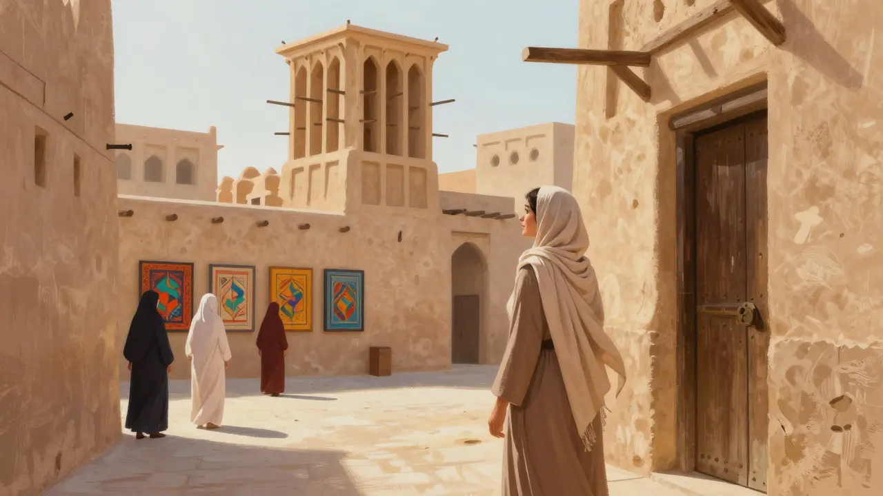 A woman exploring Al Fahidi Historical Neighborhood, admiring traditional wind towers and art galleries run by local women.