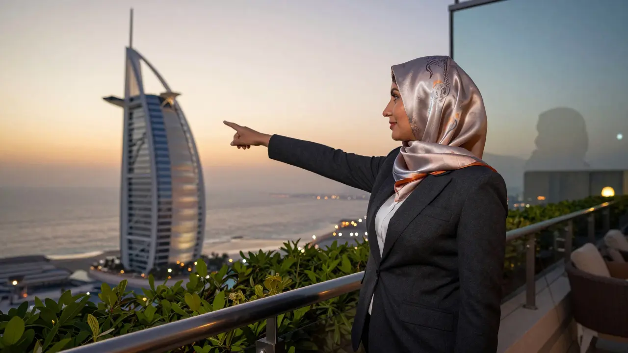A woman in elegant attire on a rooftop garden at Burj Al Arab, pointing toward the sunset over Dubai.