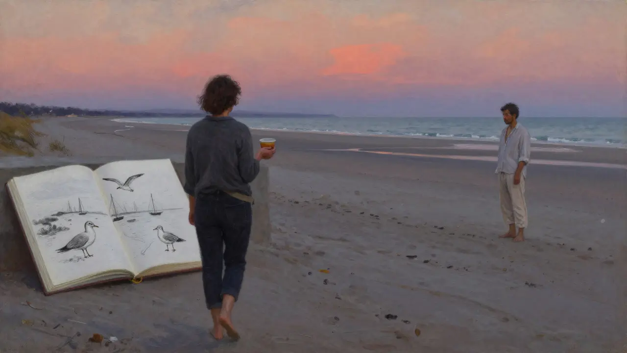 A woman walking alone on a quiet beach at dusk, sketchbook nearby, as a man observes from a distance.