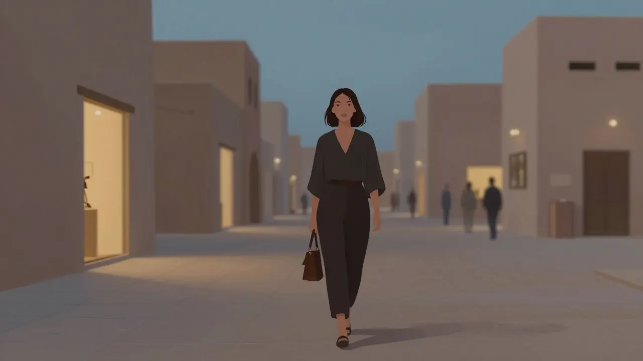 A woman walking alone through an arts district in Dubai at dusk, surrounded by gallery lights and urban calm.